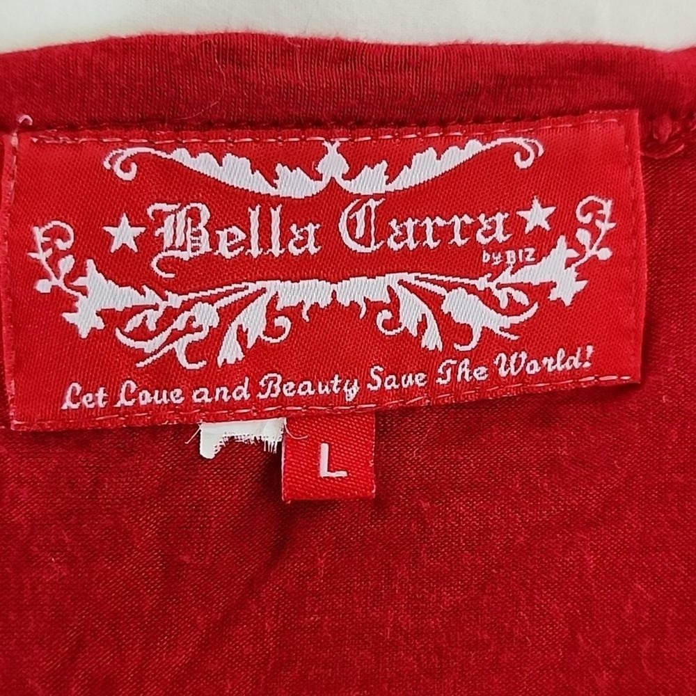 Bella Carra Graphic Tee Women's Large Red Floral Sequin Y2K Boho Embroidered - Picture 2 of 10